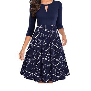 iHot Navy Blue 3/4 Sleeve Midi Pockets Fit and Flare A-Line Swing Dress Sz XL